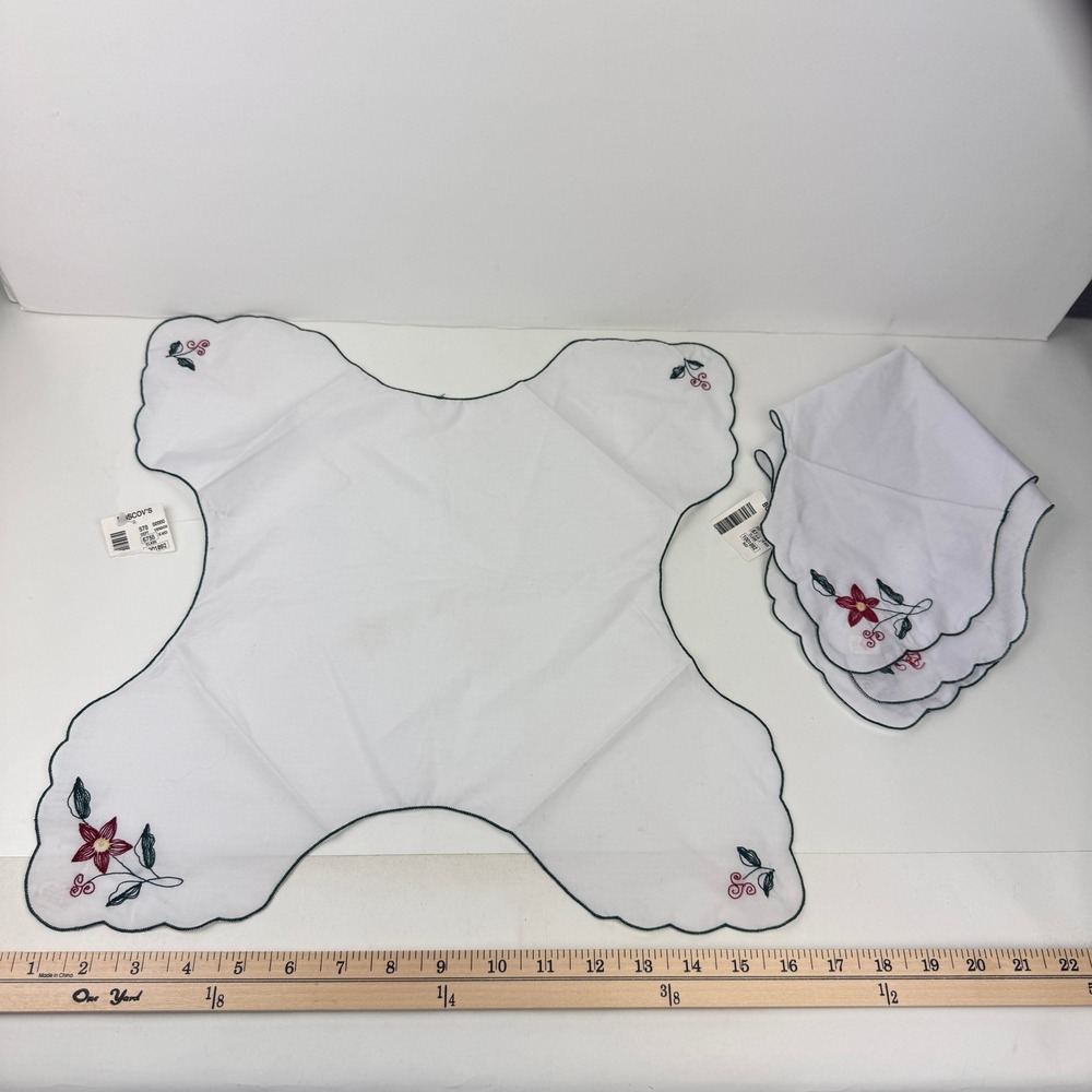 2 Vtg Bread Bun Basket Liner White Embroidered Holiday Red Green Floral Design